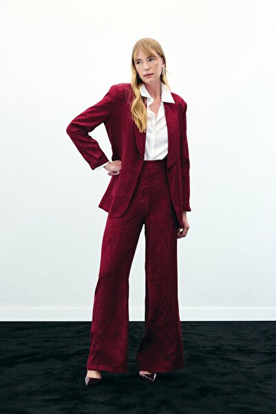 Sateen High Waist Patterned Trousers - Burgundy