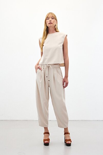 Sateen Şalvar Kesim Pantolon - Taş