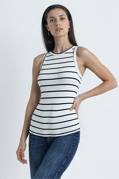 WESTMARK LONDON White Black Striped Crew Neck Sleeveless Women's T-Shirt Poppy