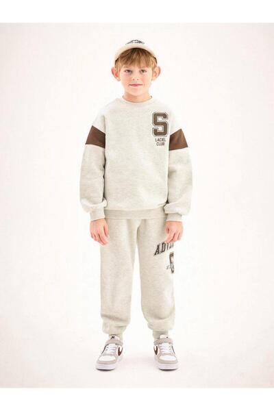 Magu Boys' Cotton Gray Melange Adventure Printed Tracksuit Bottom-Top Set