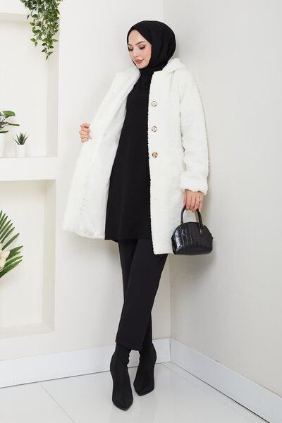 Hb Harma Time Butik Women's Fur Fabric Lined Buttoned Hooded White Coat