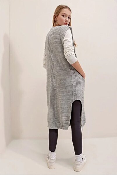 TRQOM Women's V-Neck Stripe Detailed Pocketed Sleeveless Slit Soft Textured Poncho Gray