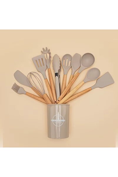 BKC HOME 13 Pieces Silicone Colander Scoop Beater Spoon Brush Spatula Tongs Serving Set Kitchenware with Bamboo Handle