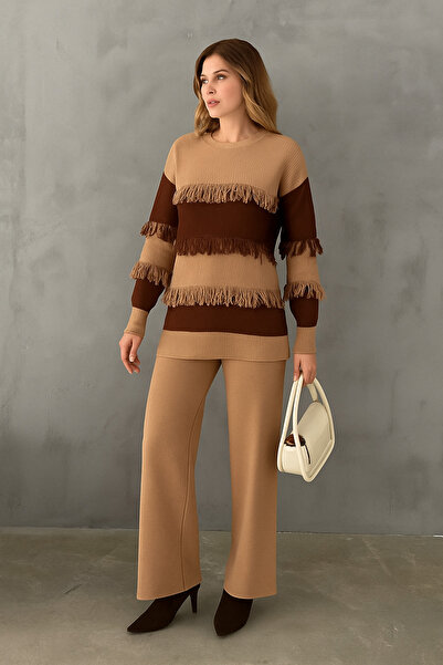 cheen Chen Camel Bistüvi Women's Tassel Detailed Winter Bottom-Top Knitwear Set