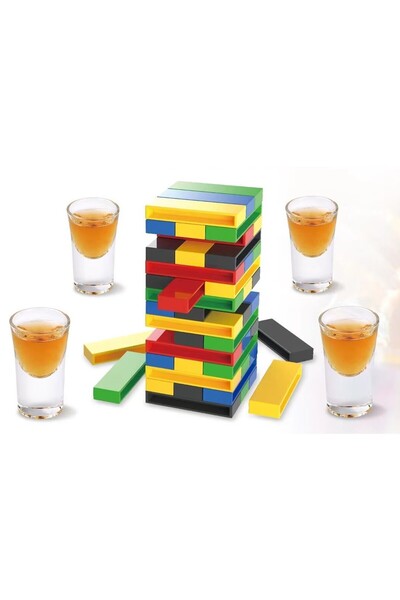 Flippy Flippy Drinking Game, Plastic Jenga Tower, with 4 Shot Glasses, +18 Years, Multicolor