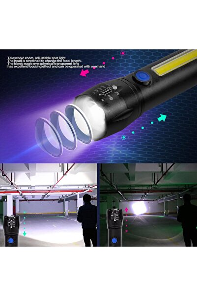 Rabelix Online Marketing Şarj Edilebilir Metal 4 Modlu Zoomlu COB Led El Fene...