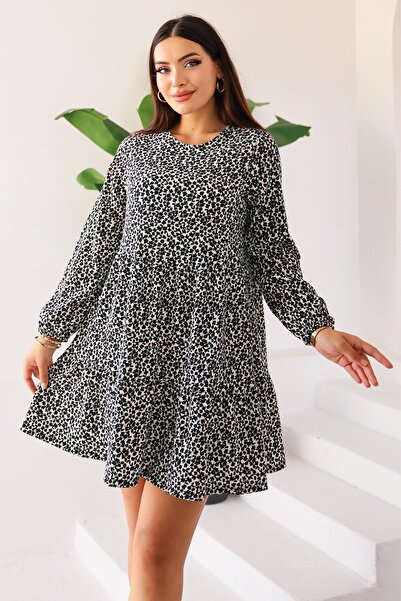 Kübra Tekstil Rochie mini cu mâneci lungi cu imprimeu floral alb-negru pentru...