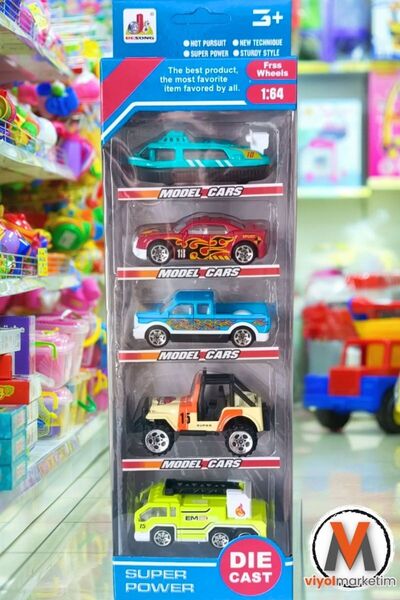 viyolmarketim Metal Set 5’li Arabalar – Kamyonet, İtfaiye, Taksi, Çekici; Oyuncak Metal Set, Karışık Renk