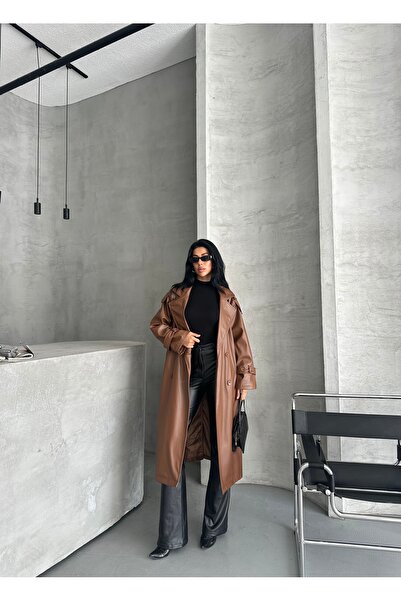 MEECY Women's Belted Long Leather Coat