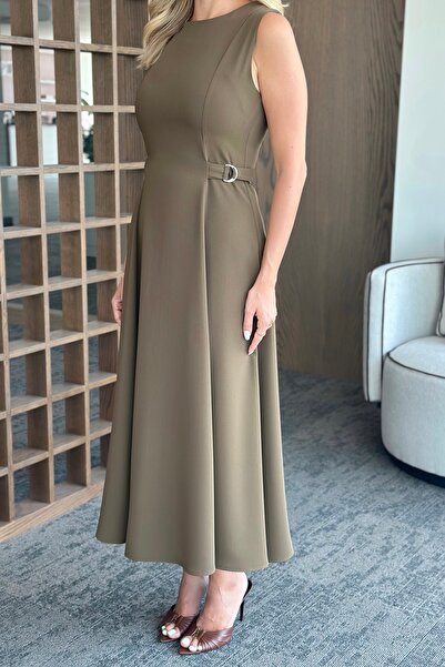 Laluvia Haki Bel Kemer Detaylı Elbise - 2313