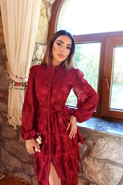 Afiş Butik Bordo Fisto Kuşaklı Volanlı Midi Elbise