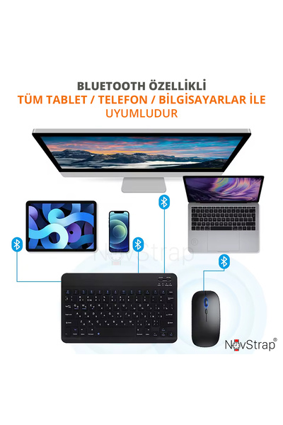NovStrap Apple İpad Mini 2 3 4 5 6 7 ile Uyumlu Üretilmiş Bluetooth Klavye Mouse Seti