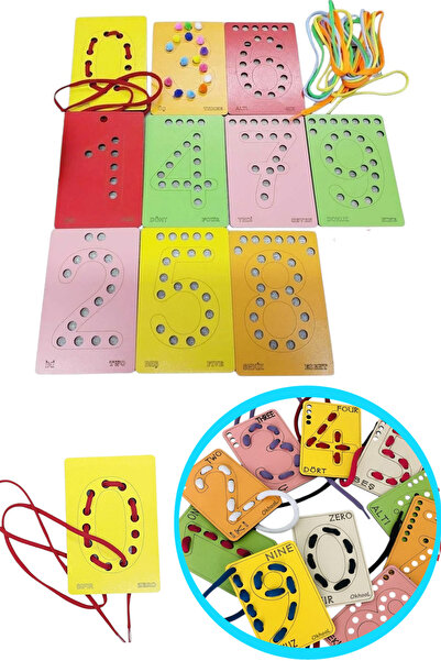 KAŞIKBEY 10 Pieces Educational Stringing Wooden Numbers Colorful Perforated M...