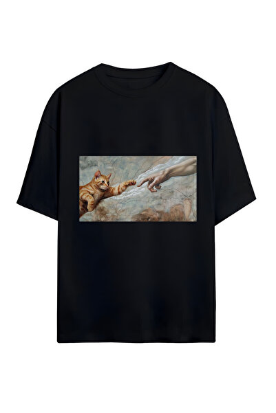 GraffTee Μπλουζάκι Unisex Oversize Βαμβακερό με σχέδιο γάτας