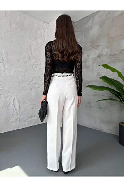 Elif Özbey Butik White Scarf Belted Palazzo Pants