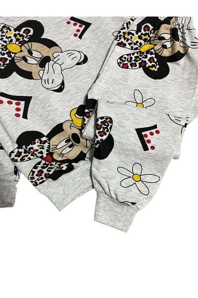 Pajama Shop Girl's Cotton Fabric Gray Mouse Daisy Patterned Long Sleeve Winter Pajama Set