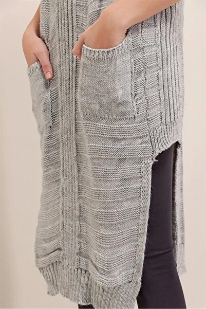 TRQOM Women's V-Neck Stripe Detailed Pocketed Sleeveless Slit Soft Textured Poncho Gray