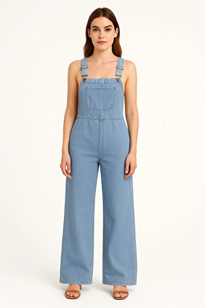 velmorafashion Velmora Chambray Light Blue Denim Look Wide Leg Salopet Jumpsuit - Blue -Vlmr