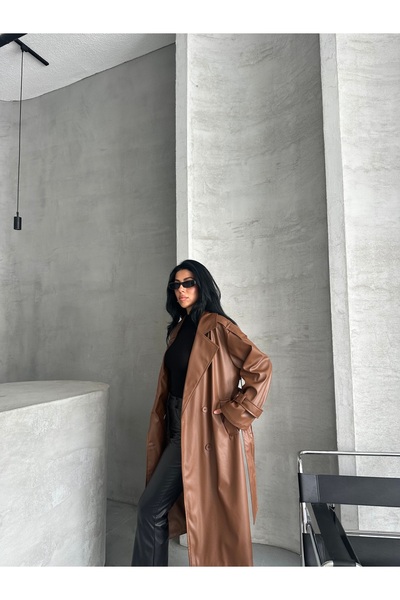 MEECY Women's Belted Long Leather Coat