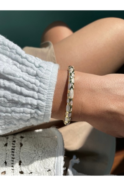 Hora Sedefli Mine işlemeli Ekru Gold Çelik Kelepçe