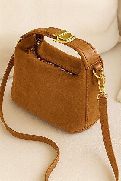 DEZ STORE Luxury Suede Leather Detailed Shoulder and Crossbody Bag with Gold ...