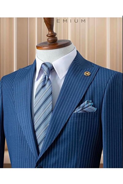 ilayda emir Blue and White Striped Swallow Collar Men's Suit