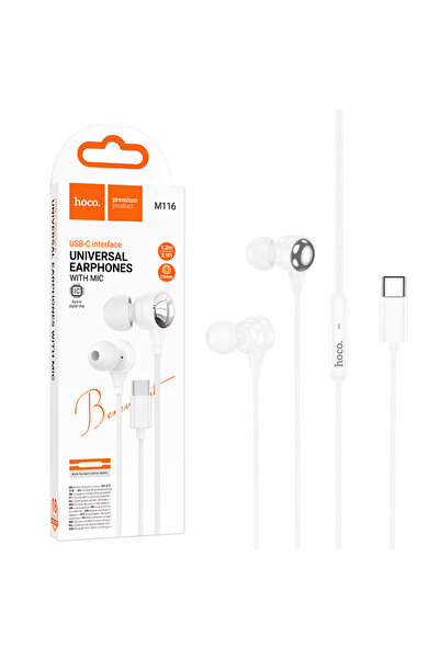 REDz Accessories HOCO M116 Type-C Wired Headphones, iPhone 15/16/17 and Android, 1.2M Cable, Microphone, White