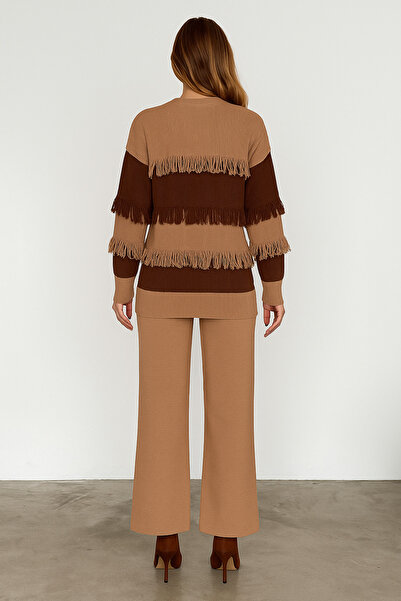 cheen Chen Camel Bistüvi Women's Tassel Detailed Winter Bottom-Top Knitwear Set