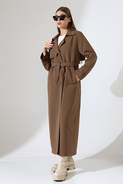B.HE.Z Linen Degaje Collar Full Length Lined Belted Trench Jeans Milk Coffee