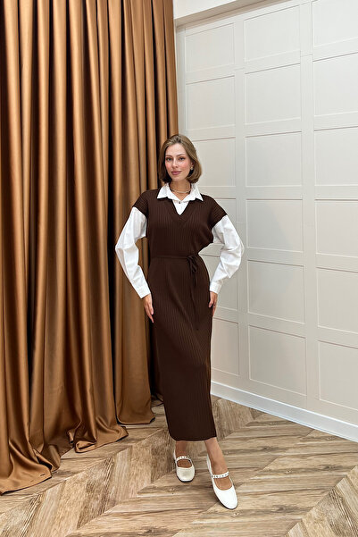 Stilife Sleeve Collar Shirt Knitwear Dress Brown