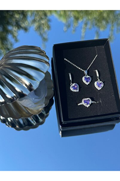 onse طقم مجوهرات من الحجر الأرجواني على شكل قلب يتضمن قلادة وأقراط وخاتم، هدي...