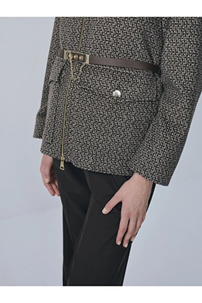 IDA Collection Plaid Belt Detailed Short Jacket Brown