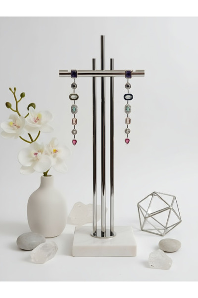 Tasarım Kadın Paslanmaz Çelik Renkli Taşlı Uzun Küpe