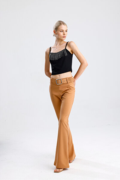 Sense Stone Chain Detailed Scuba Crepe Short Blouse |   Blz34564 Black