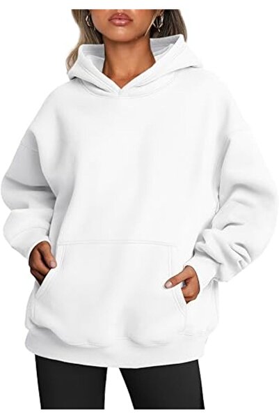 LADY HAZAL White Hooded Model Oversize Fit Regular Unisex Sweatshirt