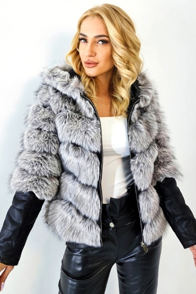 FashionForYou Haină de blană lucrată manual de Kataleya, cu glugă și mâneci detașabile din piele, Alb