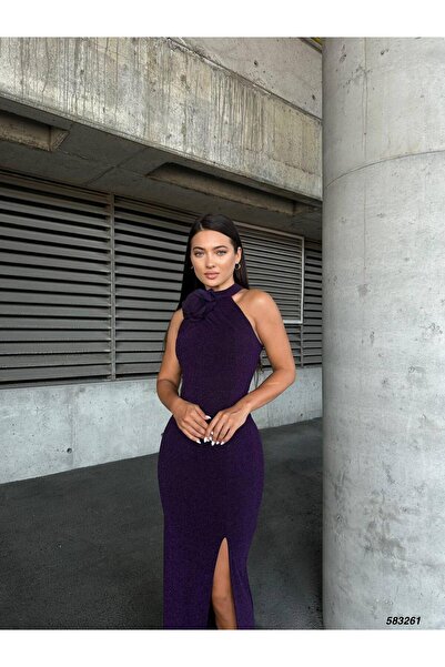 Modafeminen Esnek Flowers Kumaş Yaka Gül Detaylı Yırtmaçlı Abiye Elbise MOR 583261