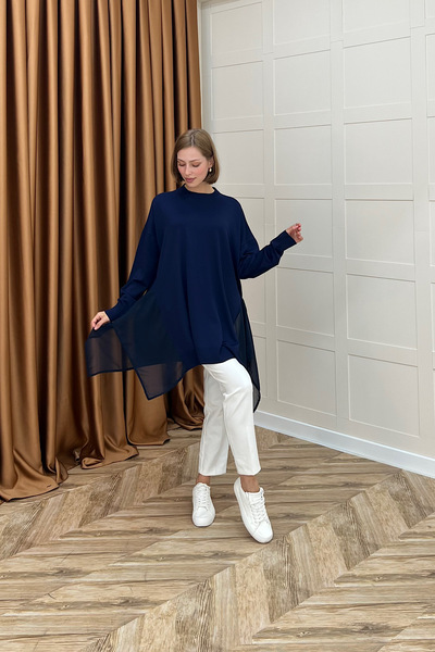 Stilife Chiffon Detailed Knitwear Tunic Navy Blue