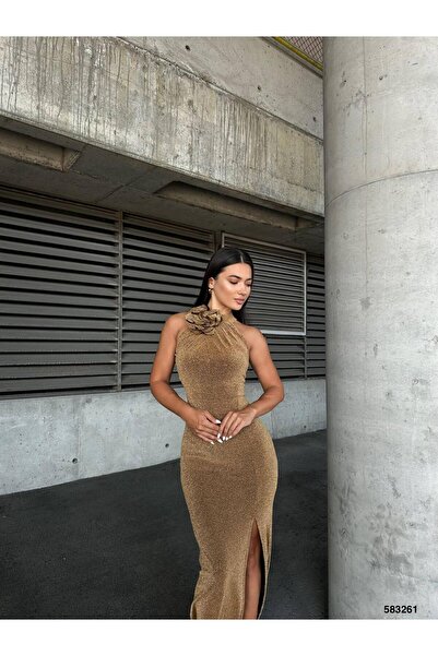 Modafeminen Rochie de seară cu decolteu din țesătură flexibilă cu flori, cu detaliu de trandafiri, cu fante, GOLD 583261