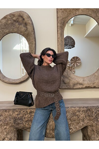 kenza'a Pulover tricotat oversize cu gât rotund din tricotat Selanik