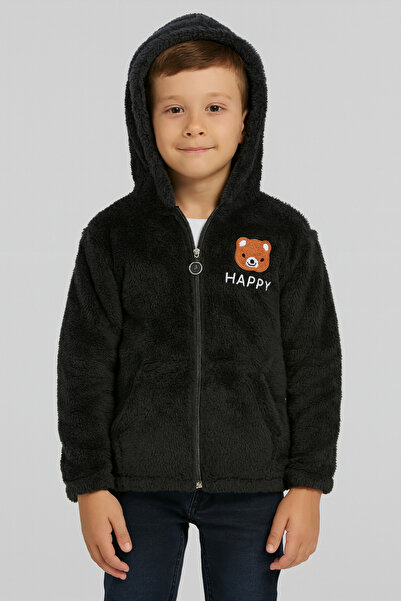 Uğur bebe Welsoft Black Plush Children's Cardigan – Warm Winter Coat with Hood and Zipper