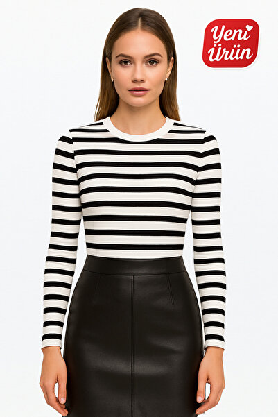 MİO ESTİLO Novelle Crew Neck Long Sleeve Ribbed Blouse