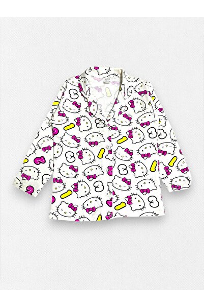 Pajama Shop Set de pijamale de iarnă pentru fetiță, 100% bumbac, culoare albă, cu model de pisică, cu guler cămașă, cu nasturi până la picioare