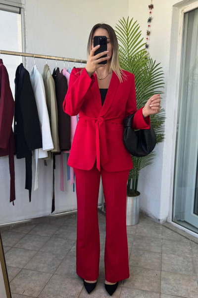 Kubos Moda Women's Belted Blazer Jacket Pants Bottom Top Two-Piece Red Suit