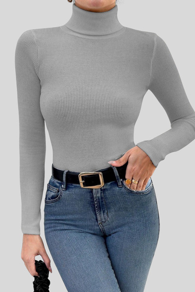 Siner Fashion Γυναικεία μπλούζα με μακρυμάνικο γκρι ζιβάγκο με ριμπ