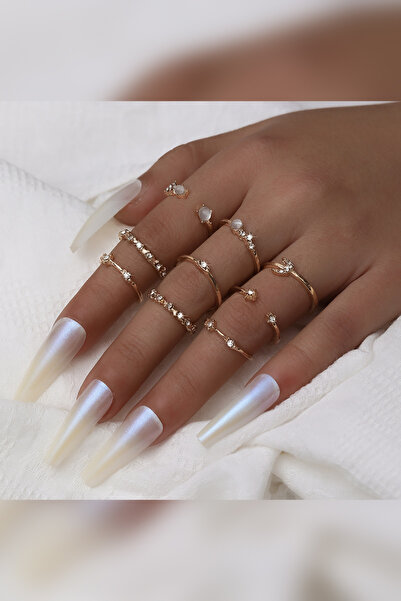 The Collection 9-Piece Combination Joint Gold Stone Ring Set