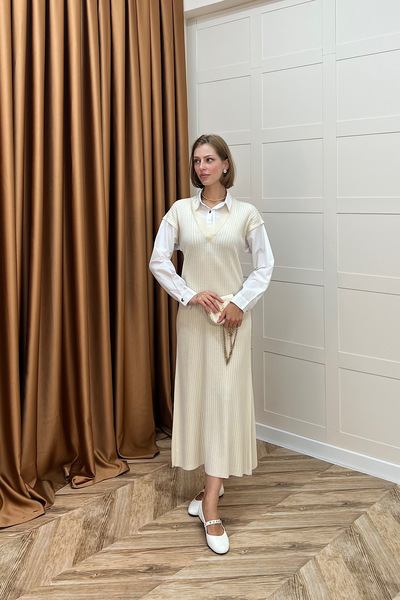 Stilife Sleeve Collar Shirt Knitwear Dress Stone