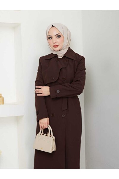 B.HE.Z Amazon Keten Degaje Yaka Tam Boy Astarlı Kemerli Trenç Kot Koyu Kahve