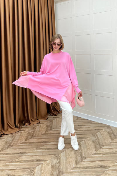 Stilife Huda Chiffon Λεπτομερές Πλεκτό Τούνικ Ροζ