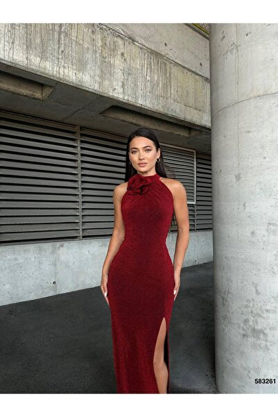 Modafeminen Flexible Flowers Fabric Collar Rose Detailed Slit Evening Dress Red 583261